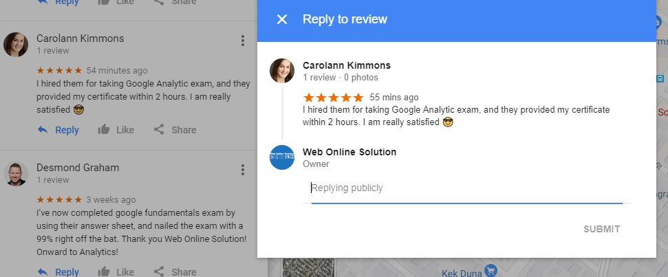 Google maps reply reviews in desktop